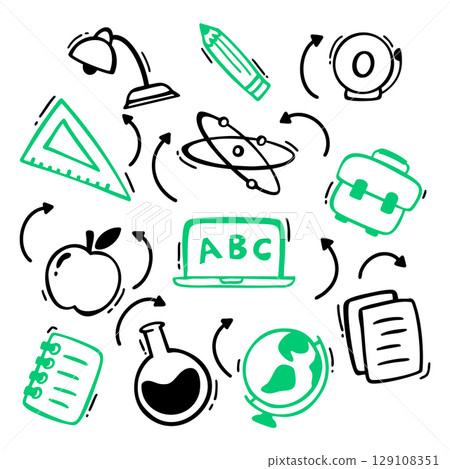 School element doodles on set background. Back to school hand drawn vector illustration. 129108351
