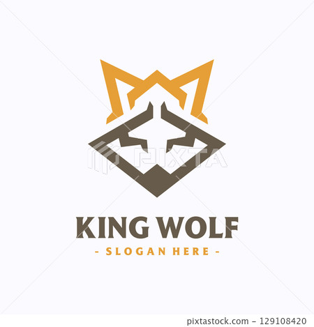 King Wolf logo design template. Elegant crown with wolf head concept. Creative vector symbol. 129108420