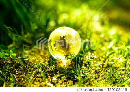 Beautiful crystal globe in the grass. Ecological image. Japanese layout. Top. Normal evening color. Beautiful crystal globe in the grass. Ecological image. Japanese layout. Top. Normal evening color. 129108446