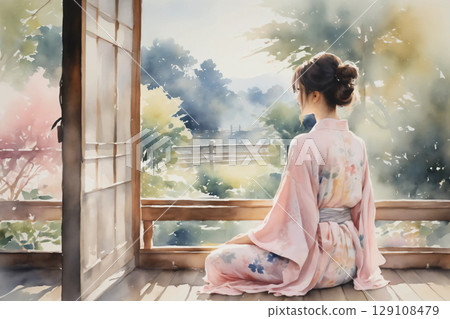 A woman in a yukata relaxing on the veranda, a calm afternoon with a Japanese atmosphere 129108479