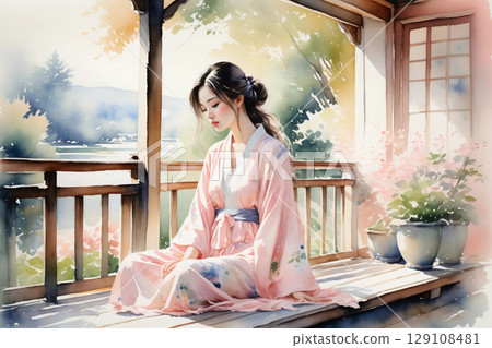 穿著浴衣的女性在陽台上休息,充滿日式氛圍的寧靜午後 穿著浴衣的女性在陽台上休息,充滿日式氛圍的寧靜午後 129108481