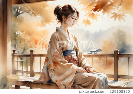 穿著浴衣的女性在陽台上休息，充滿日式氛圍的寧靜午後 129108530