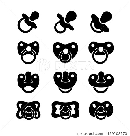 Set of baby pacifier silhouettes. Black and white Vector Illustration Set of baby pacifier silhouettes. Black and white Vector Illustration 129108570