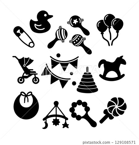 Set of children toys silhouettes. Black and white Vector Illustration Set of children toys silhouettes. Black and white Vector Illustration 129108571