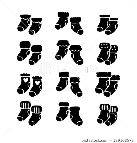 Set of baby socks silhouettes. Black and white Vector Illustration 129108572
