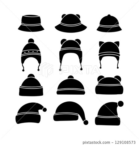 Set of baby cap silhouettes. Black and white Vector Illustration Set of baby cap silhouettes. Black and white Vector Illustration 129108573