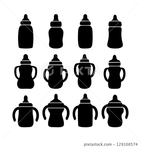 Set of baby bottle milk silhouettes. Black and white Vector Illustration Set of baby bottle milk silhouettes. Black and white Vector Illustration 129108574