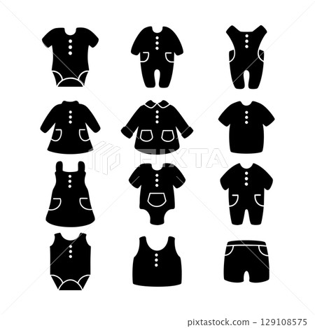 Set of baby clothes silhouettes. Black and white Vector Illustration 129108575