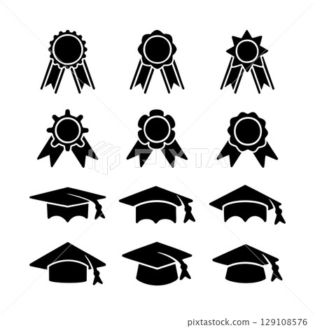 Set of graduation student black cap. Reward blank badge. Silhouette icon style vector illustration 129108576