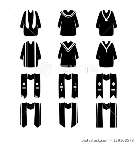 Set of graduation gown. Reward blank badge. Silhouette icon style vector illustration 129108578