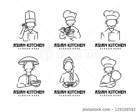 Set of Japanese Chef Logo. Vector illustration of an Asian chef logo. 129108582