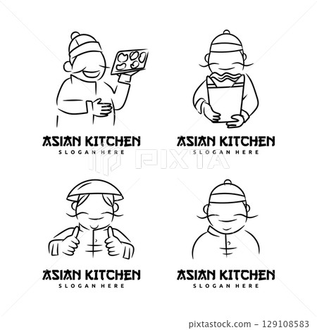 Set of Chinese Chef Logo. Vector illustration of an Asian chef logo. 129108583