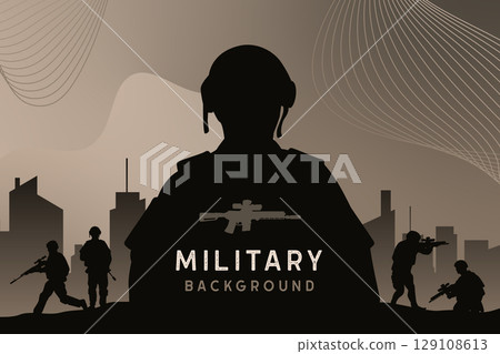 Military silhouette background. Armed concept. Vector illustration poster design template Military silhouette background. Armed concept. Vector illustration poster design template 129108613