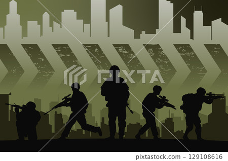 Military silhouette background. Armed concept. Vector illustration poster design template 129108616