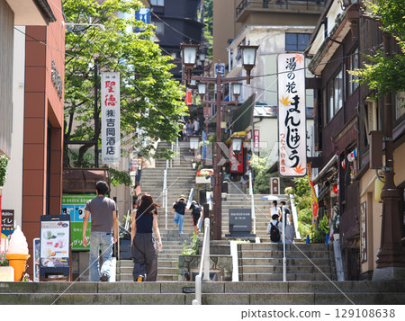Ikaho Onsen in summer: Stone steps street Ikaho Onsen in summer: Stone steps street 129108638