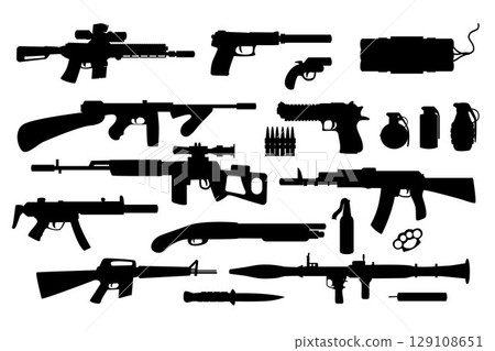 Set of weapon silhouettes. Black and white Vector Illustration 129108651