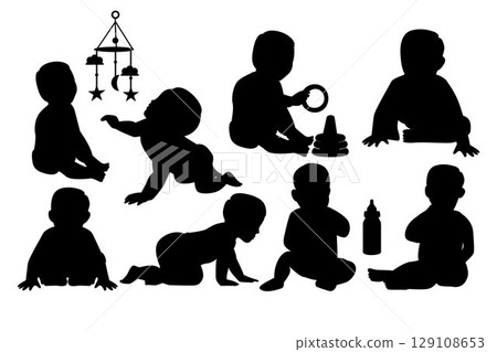 Set of baby activity silhouettes. Black and white Vector Illustration Set of baby activity silhouettes. Black and white Vector Illustration 129108653