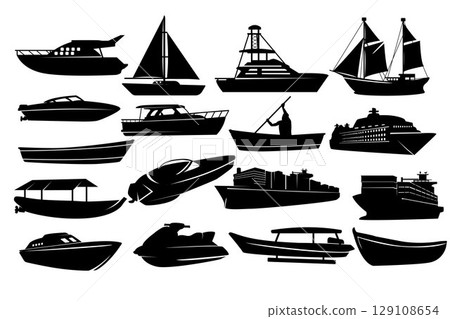 Set of ship silhouette designs in variations. Black and white Vector Illustration Set of ship silhouette designs in variations. Black and white Vector Illustration 129108654