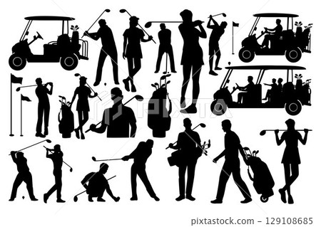 Set of golfer sports silhouette. Black and white Vector Illustration 129108685