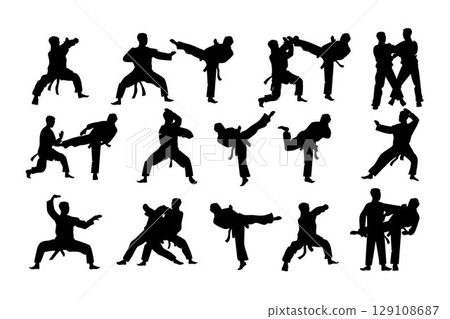 Set of karate player pose silhouettes. Black and white Vector Illustration 129108687