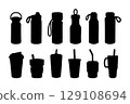 Drink container silhouettes. Tumbler icons. Black and white Vector Illustration 129108694