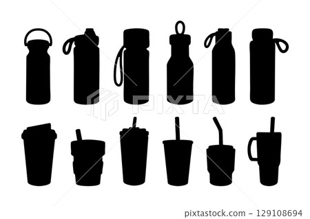 Drink container silhouettes. Tumbler icons. Black and white Vector Illustration Drink container silhouettes. Tumbler icons. Black and white Vector Illustration 129108694