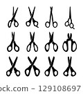 Set of scissor icon silhouette. Black and white clip art vector illustration 129108697