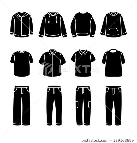 Set of menswear icon silhouette. Black and white clip art vector illustration 129108699