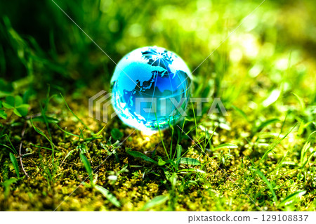 Beautiful globe crystal in the grass. Ecological image. Bottom space. Blue daylight color. 129108837