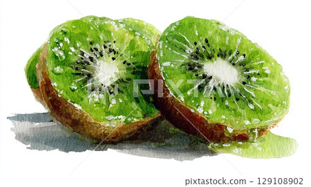 Detailed watercolor painting of sliced kiwi fruit. 129108902