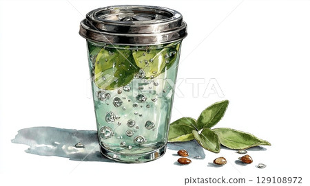 Watercolor of herbal drink with mint and bubbles. 129108972