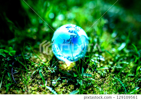 Beautiful globe crystal in the grass. Ecological image. Center position. Light blue morning color. 129109561