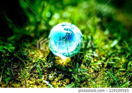 Beautiful globe crystal in the grass. Ecological image. Center position. Light blue daylight color. 129109565