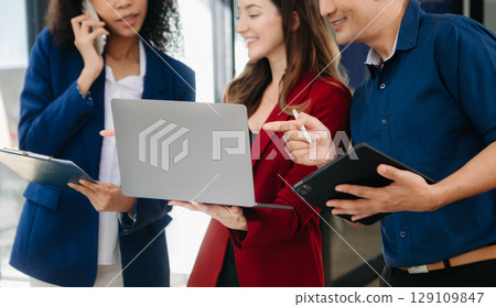 Business team collaboration discussing working analyzing with financial data and marketing growth report graph 129109847