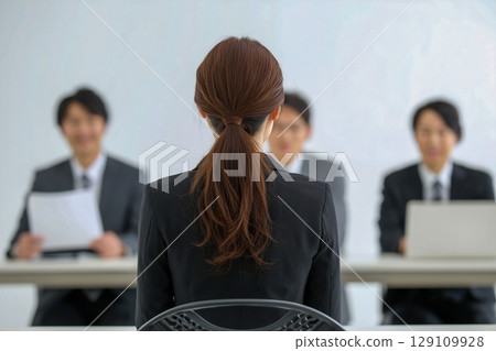 Corporate recruitment scene, female applicants sitting in front of diverse interviewers Corporate recruitment scene, female applicants sitting in front of diverse interviewers 129109928