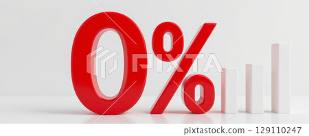Zero percent symbol with white bar graph showing growth and success concept in business and finance 129110247