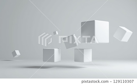 White geometric cubes floating in minimalistic space with soft shadows, creating calm and modern abstract composition 129110307