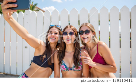 Young women taking selfie at beach day with sunglasses smiling and enjoying youthful energy outdoors 129110411