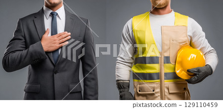 A visual contrast between professional integrity and dedication in one frame A visual contrast between professional integrity and dedication in one frame 129110459