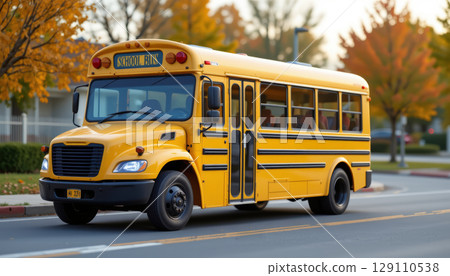 Yellow school bus parked on suburban street with autumn trees and soft evening light creating warm atmosphere 129110538