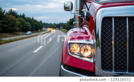 Red truck front closeup with chrome grill and headlights on highway road with blurred background trees and cars 129110572