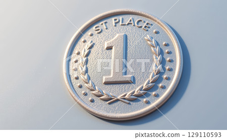 First place medal with number one and laurel wreath on textured surface, symbol of victory and achievement 129110593