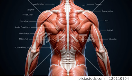 Detailed human back muscle anatomy with labeled muscle groups showing muscular structure and fibers in medical illustration 129110594