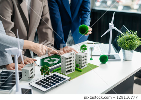 Business team people planning hand using laptop for working technology and business Net zero and carbon neutral concept.NET ZERO icons 129110777