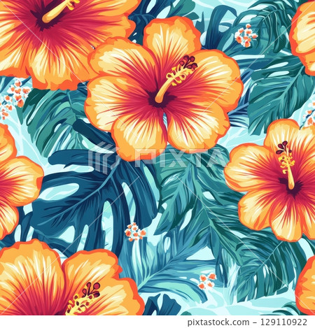 Tropical Floral Seamless Pattern with Hibiscus Flowers and Lush Greenery Tropical Floral Seamless Pattern with Hibiscus Flowers and Lush Greenery 129110922