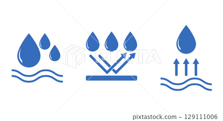 Waterproof icon set with water drop symbols. Anti-corrosion, weather resistant and water protection signs in flat vector style. Perfect for fabric, clothing, outdoor gear or packaging design. Waterproof icon set with water drop symbols. Anti-corrosion, weather resistant and water protection signs in flat vector style. Perfect for fabric, clothing, outdoor gear or packaging design. 129111006