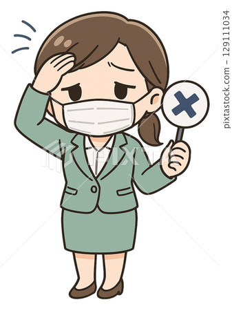 一位穿著西裝的女商人用十字架手勢表示她身體不適，無法回應 129111034