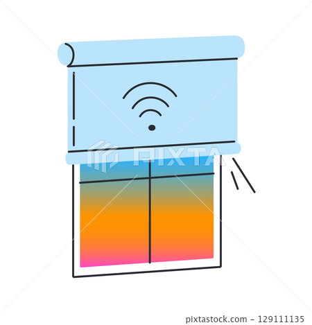Flat cartoon vector illustration of smart blackout roller blinds with Wi Fi control. Concept of smart home, healthy sleep, remote automation and modern comfort, modern blinds icon 129111135