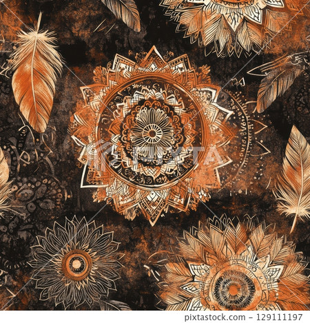 Ornate Mandala and Feathers Abstract Art Seamless Pattern 129111197