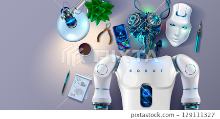 Humanoid robot lies on an engineer assembly table in laboratory. Engineer designs AI brain, programming artificial intelligence or cybernetic brain humanoid robot or cyborg. Robot parts on workplace. 129111327